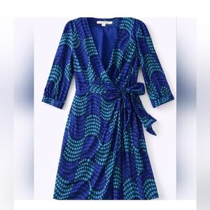 Boden Blue and Teal Long Mid Sleeve Wrap Dress Silk Blend Dots Pattern